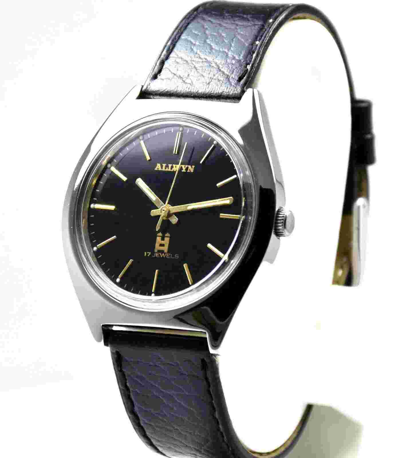 Allwyn Black Face 17 Jewels Men's Hand Winding Wrist Watch Case 37 mm