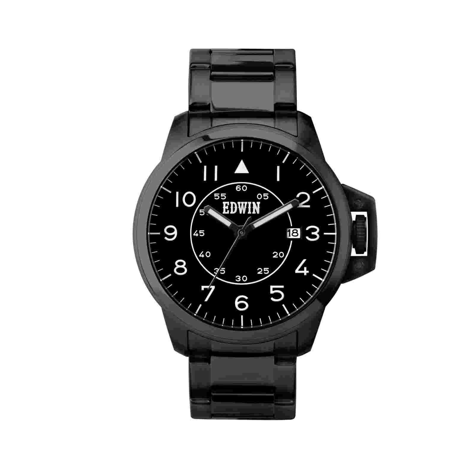 Edwin Escape Men's 3 Hand-date Watch Black Stainless Steel Case and Band