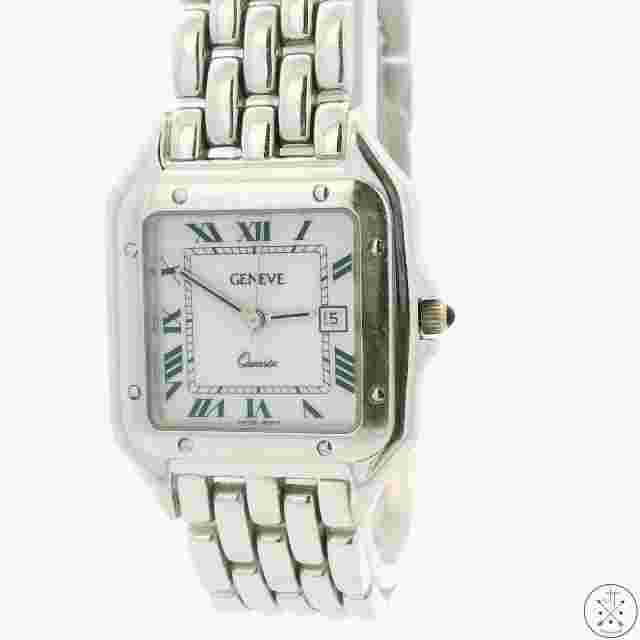 Vintage 14k White Gold Geneve Watch Swiss 28 mm Quartz Date Runs 7.5 Inch