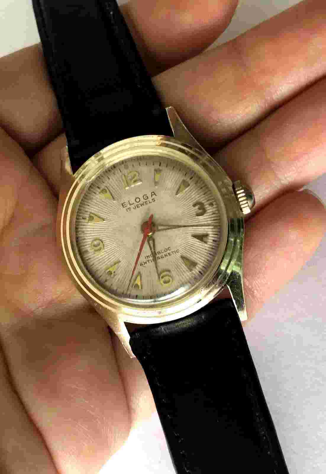 Eloga Vintage Swiss Winding Watch 17 Jewels Black Band Runs