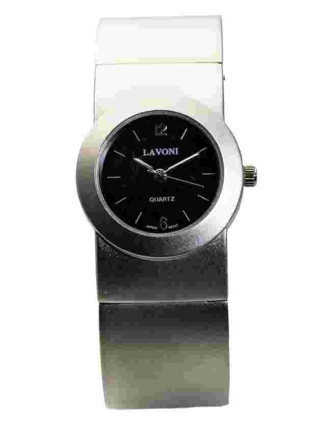 LAVONI:WOMENS' SILVER METAL FINISH ROUND CASE BLACK DIAL ANALOG QUARTZ WATCH