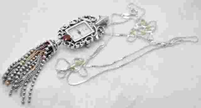 Estate Boma Sterling Silver Pendant Watch MOP w/Garnet Tassel End 36” Chain