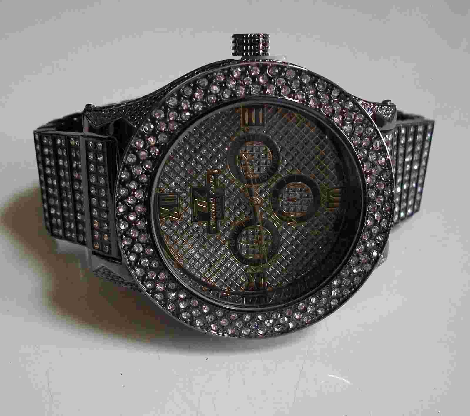 Men's stones black hematite finish fashion dressy hip hop watch