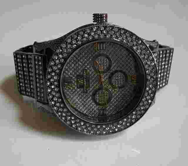 Men's stones black hematite finish fashion dressy hip hop watch