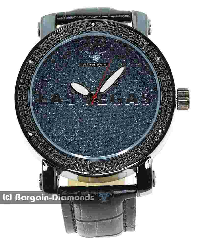 Mens LAS VEGAS Natural Diamond Black Clubbing Watch Bling Dial to 8.5" Leather