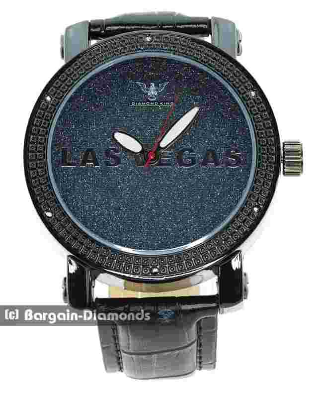 Mens LAS VEGAS Natural Diamond Black Clubbing Watch Bling Dial to 8.5" Leather