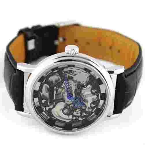 Silver Steampunk Heirloom Mechanical Wind-up Skeleton Black Leather Luxury Watch