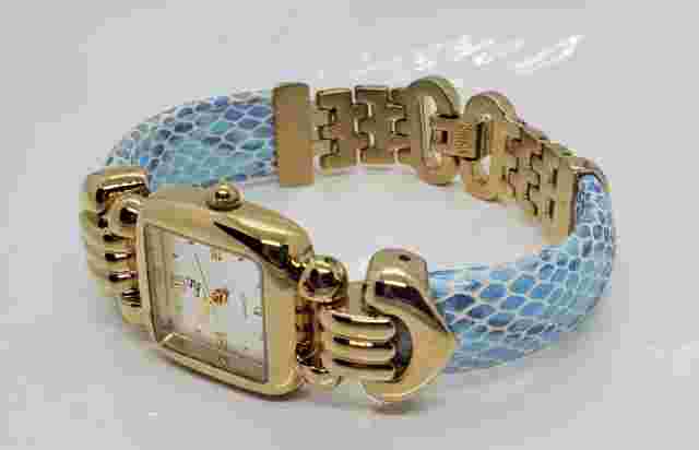Womans Suzanne Somers SS Wristwatch Teal Blue Band Gold Tone Ladies Watch