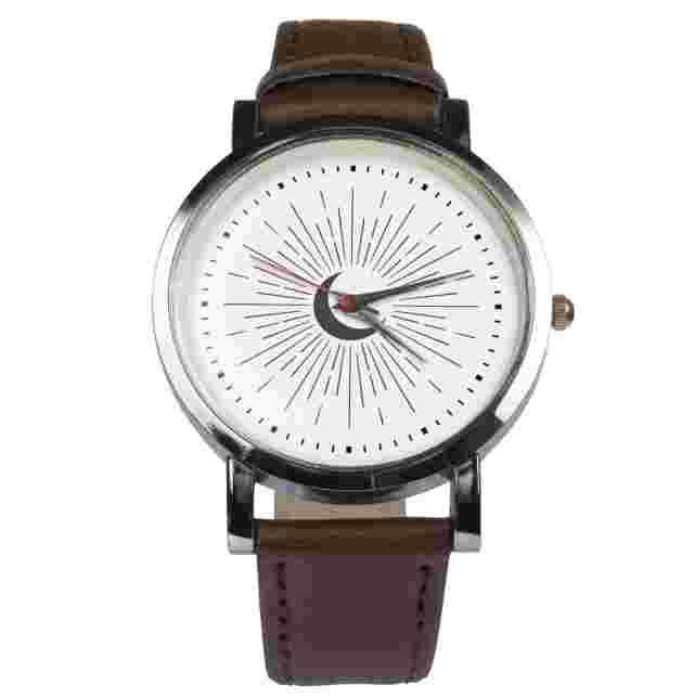 Crescent moon ray design wristwatch. Black or brown strap