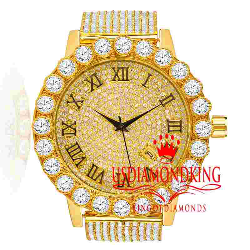 Mens Yellow Gold Tone Solitaire 10 Row Custom Band Roman Dail Lab Diamond Watch