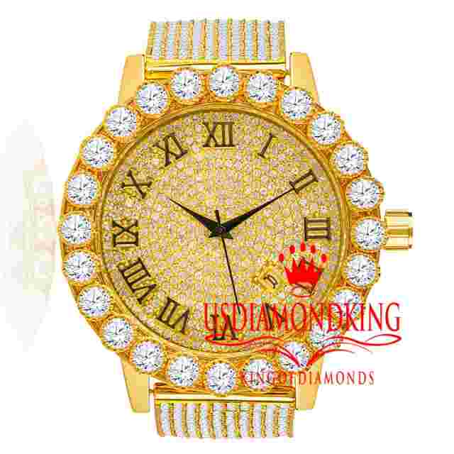 Mens Yellow Gold Tone Solitaire 10 Row Custom Band Roman Dail Lab Diamond Watch