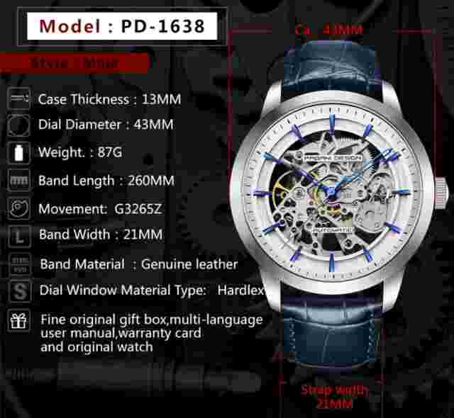PAGANI DESIGN Skeleton Watch 1638 Men's Automatic Mechanical Leather Waterproof