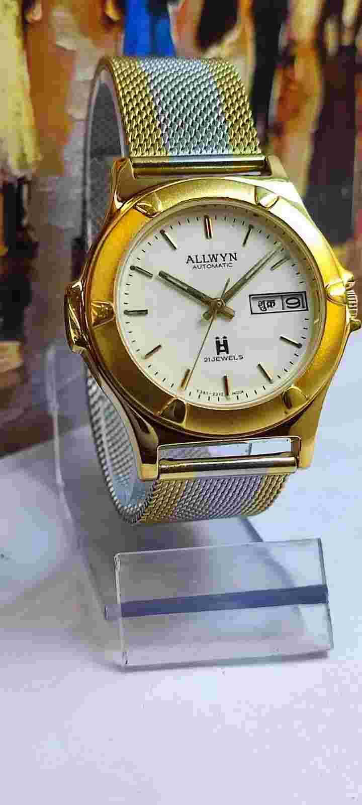 ALLWYN 21 JEWELS AUTOMATIC NOS WHITE DIAL Y381-8460 INDIA MEN'S FULL WORKING VTG