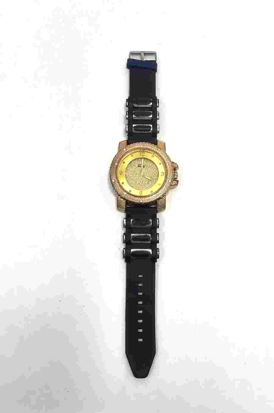 Charles Raymond Mens Watch Gold Glitter Face Quartz Wristwatch Black Jelly Band