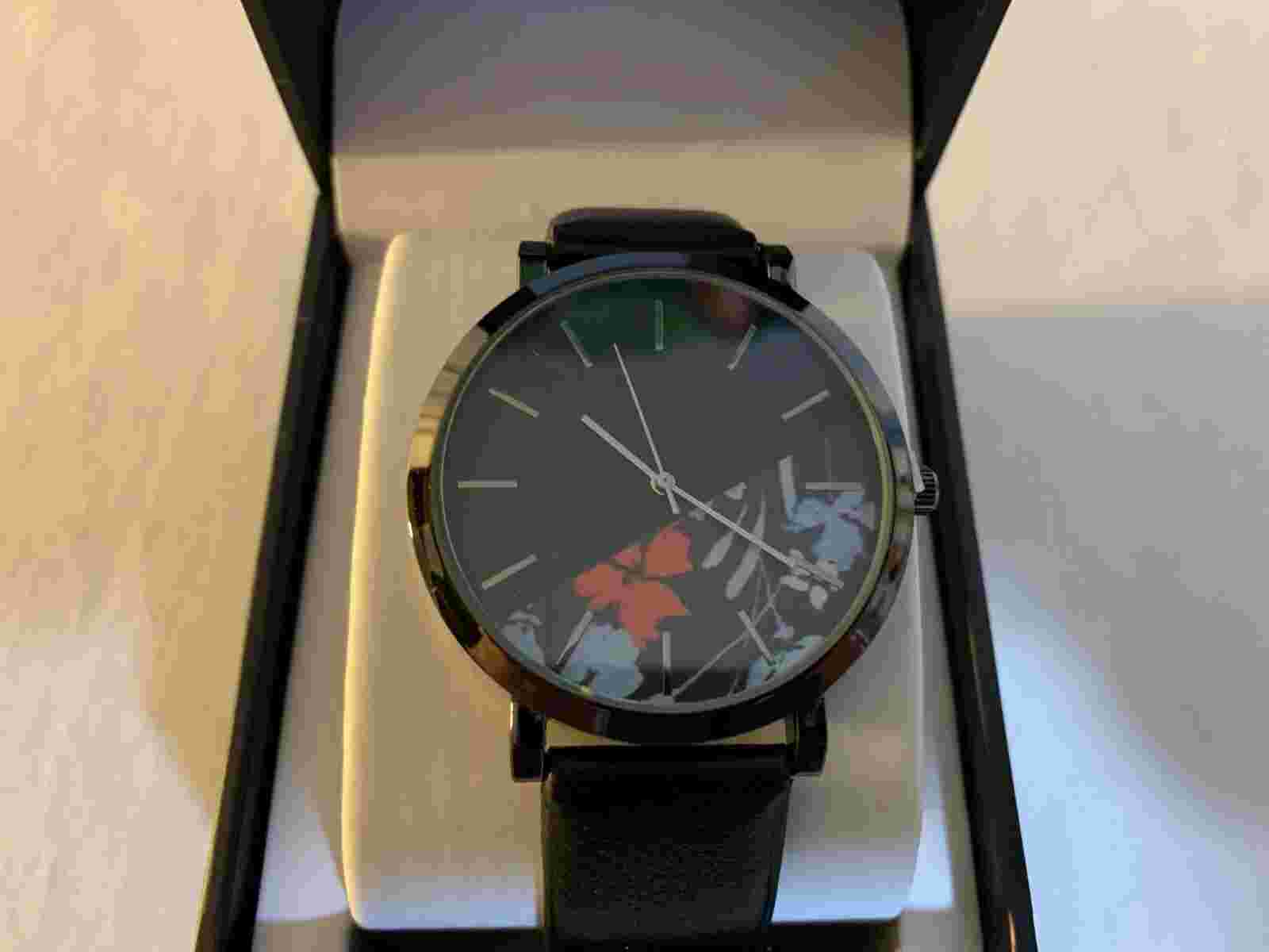 INC International Concepts Men’s Black Tropical Dial Leather Strap Watch