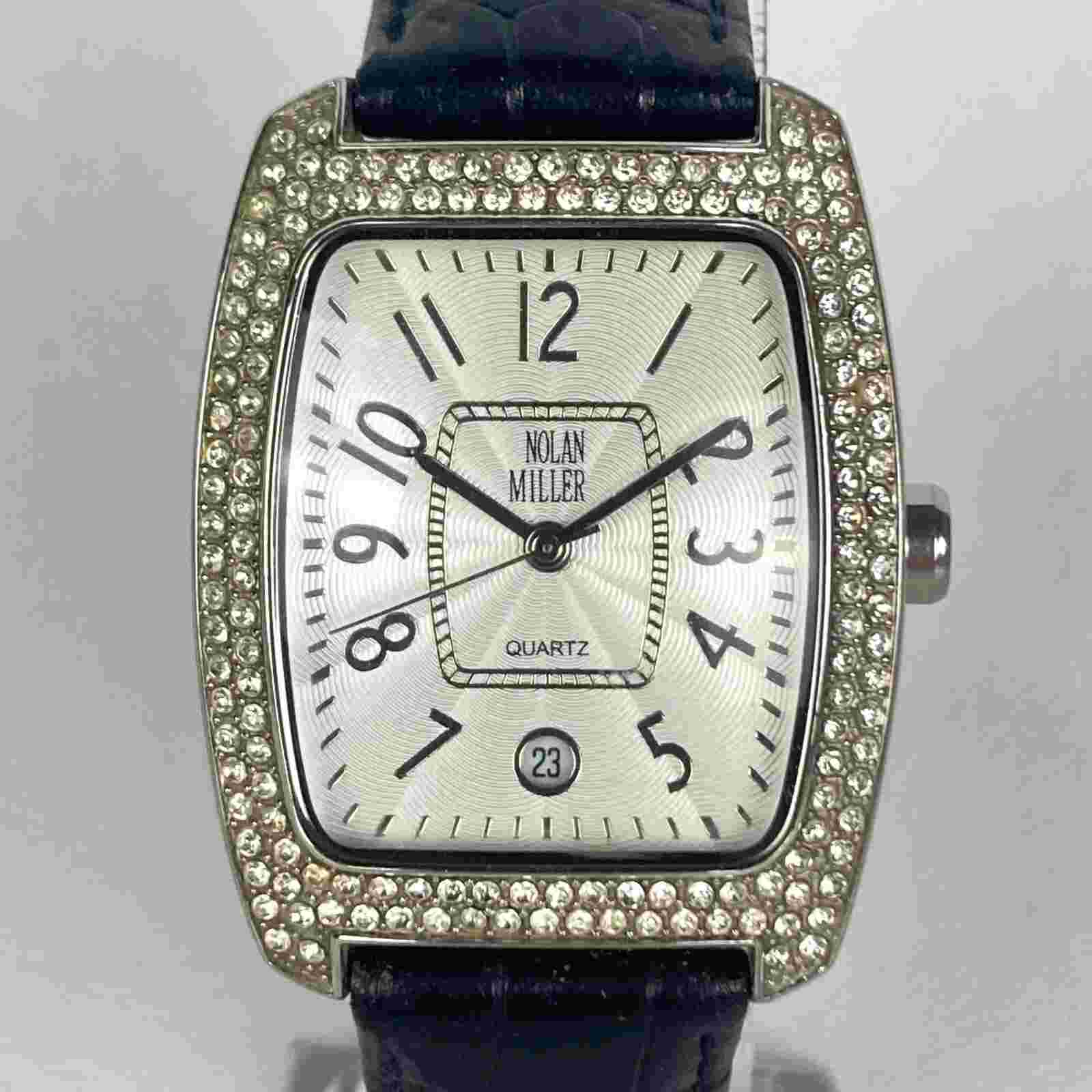 Nolan Miller Watch Women 32mm Silver Tone Date Pave Bling Tank New Battery 8.5"