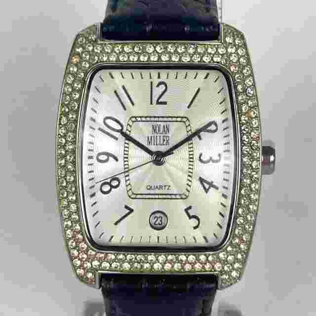 Nolan Miller Watch Women 32mm Silver Tone Date Pave Bling Tank New Battery 8.5"
