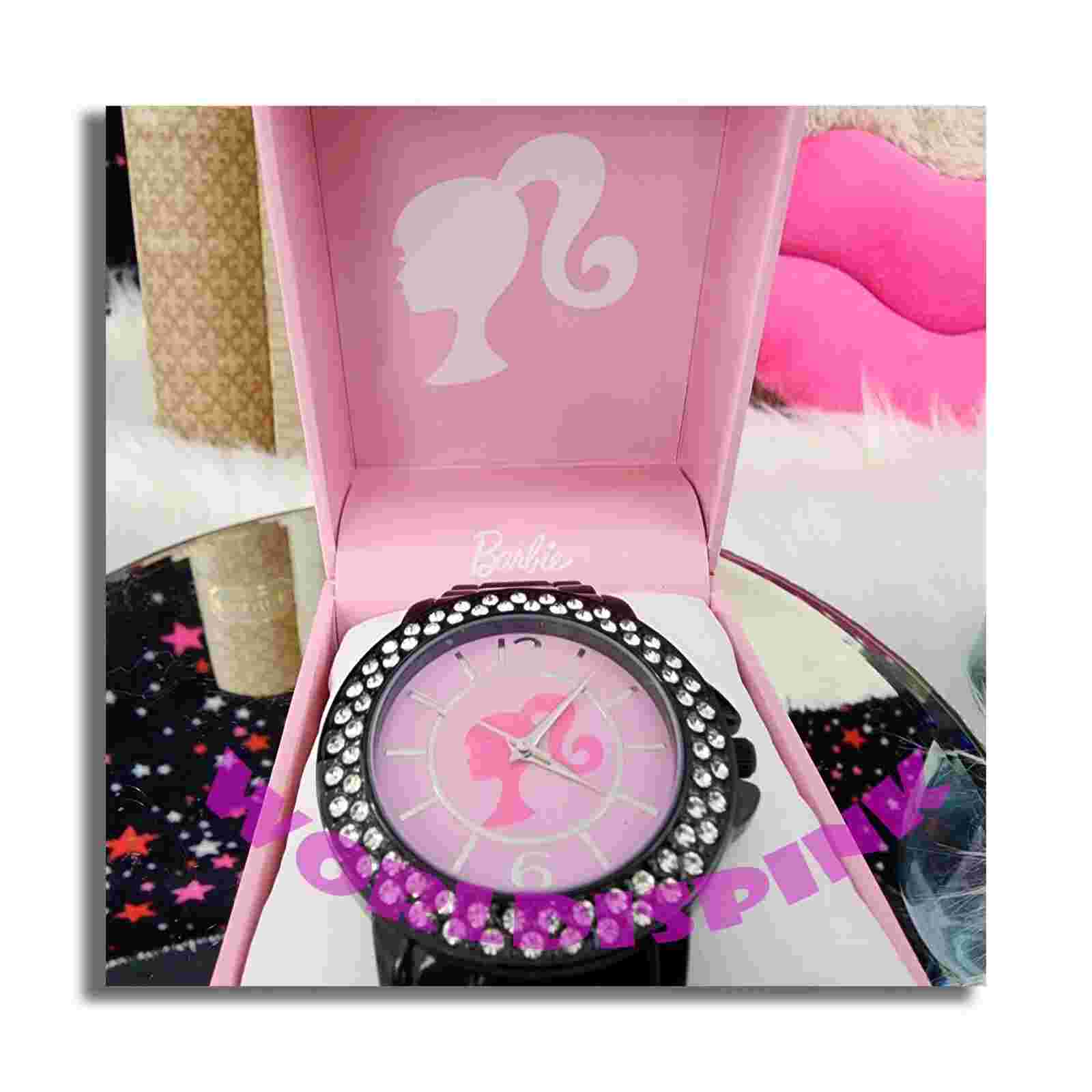 💕 Barbie Wrist Watch Black Pink Rhinestones  Glamorous Z9470 💕