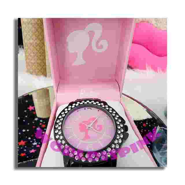 💕 Barbie Wrist Watch Black Pink Rhinestones  Glamorous Z9470 💕