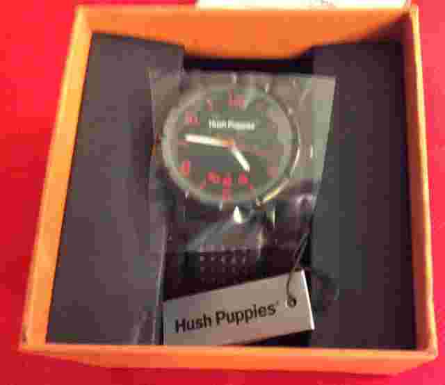 Hush Puppies Men's Orbz Black Ion-Plated Coated Stainless Steel Genuine Leather