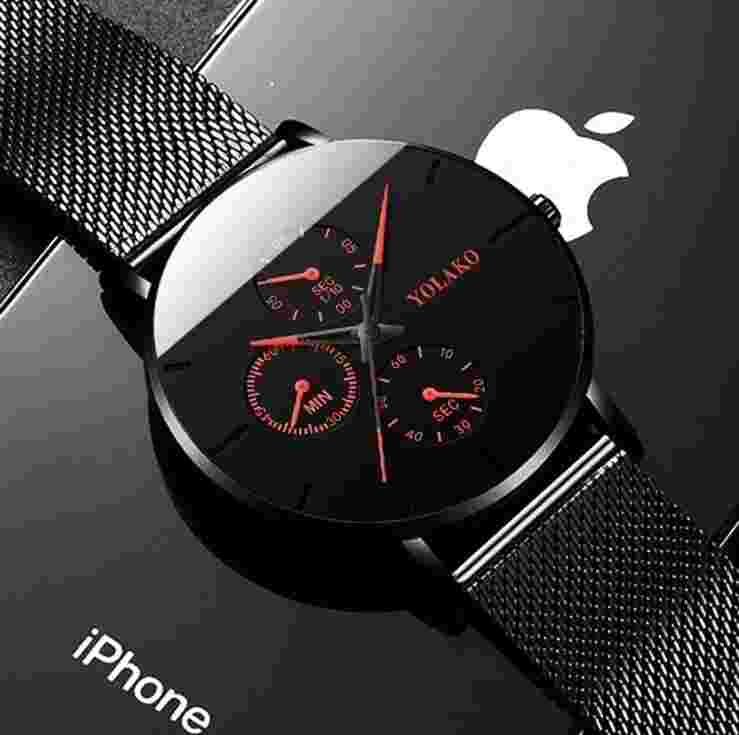 Mens Business Black/ Red Luxury Stainless Steel Ultra Thin Watch. Brand New