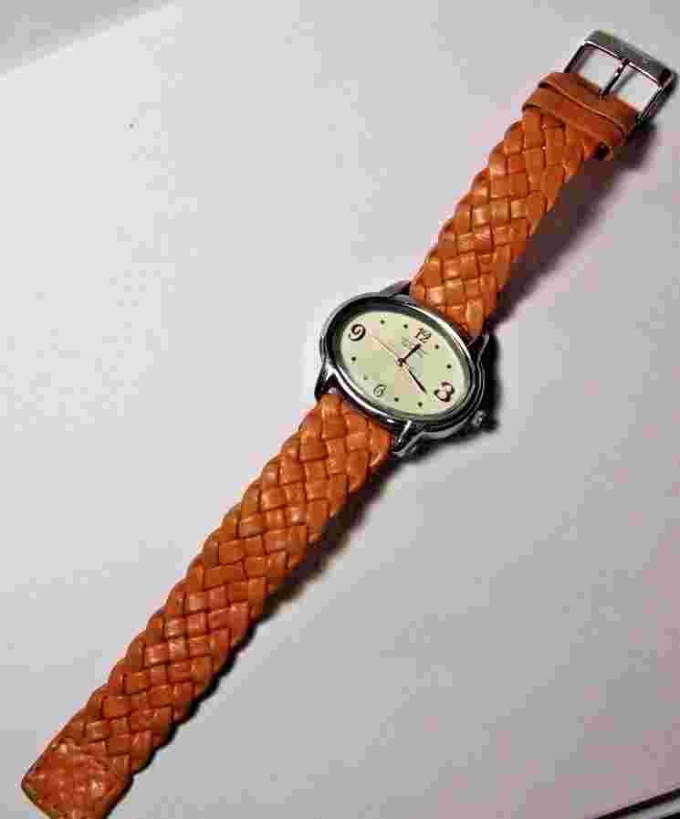 Talbots Ladies Watch w/Braided Salmon Leather Band fits 6.5-7.0" Looks Runs Nice