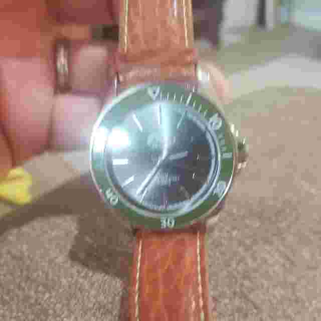BASS PRO SHOPS Men's Wrist Watch, SS Case, green bezel, leather band.