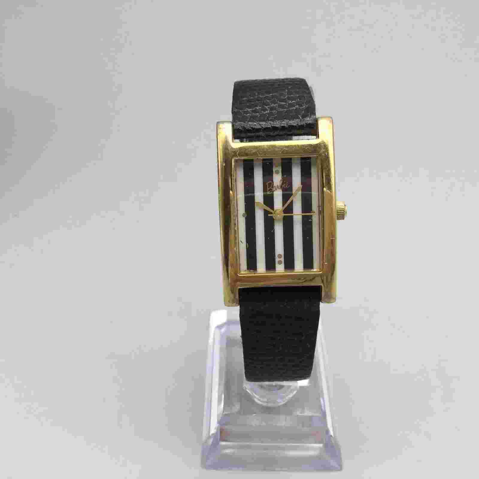 Barbie Tank Watch Women 22mm Gold Tone Black Striped Leather Band New Battery
