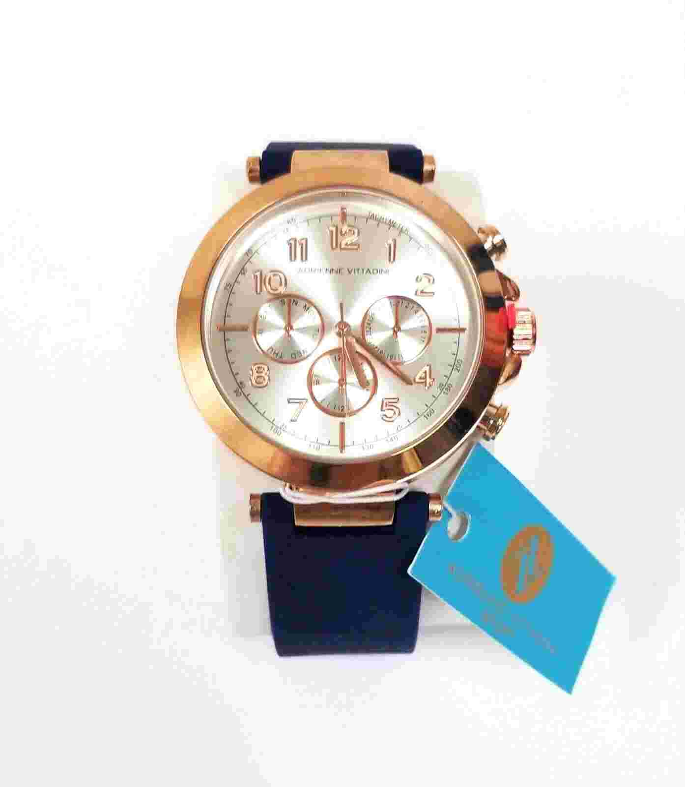 NEW ADRIENNE VITTADINI ROSE GOLD TONE,NAVY BLUE SILICONE BAND WATCH