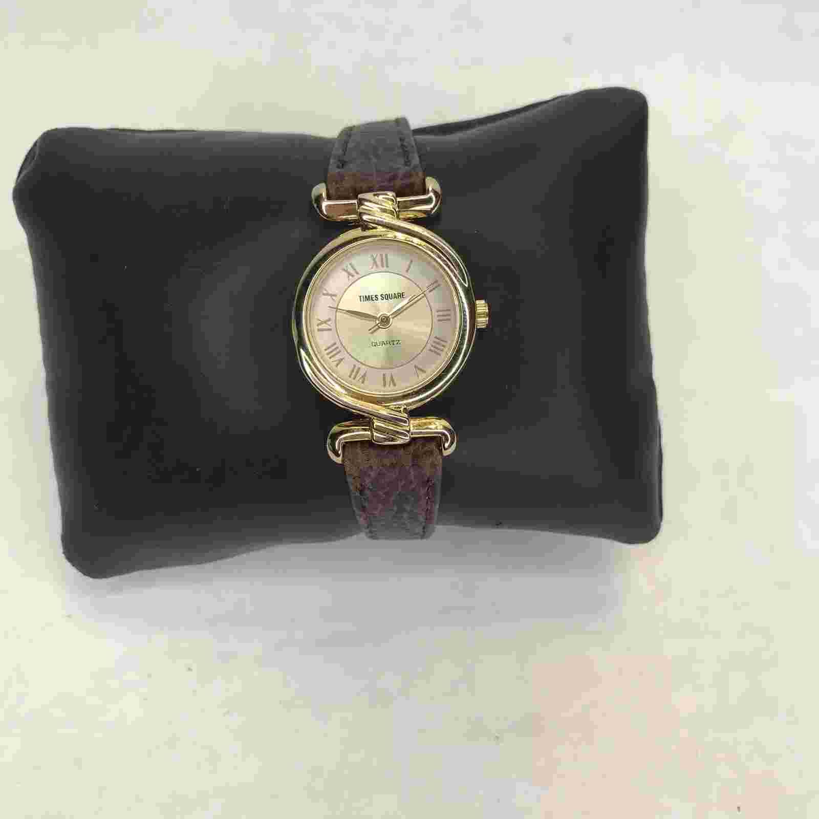Vintage Times Square Round Face Brown Leather Buckle Band Women's Watch Two Tone