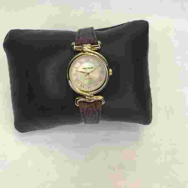 Vintage Times Square Round Face Brown Leather Buckle Band Women's Watch Two Tone