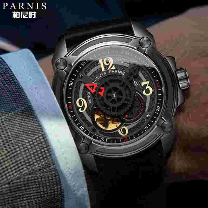 44mm Parnis Sapphire Miyota Automatic Men's Casual Watch PVD Black Case Luminous