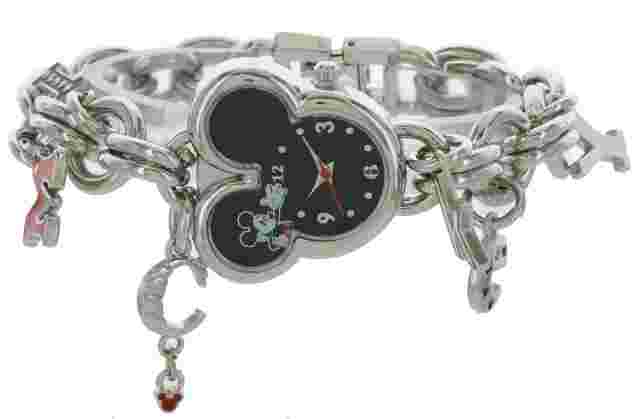 Disney Mickey Mouse Charm Bracelet Watch Ears Silver Tone MK2081 Accutime H51