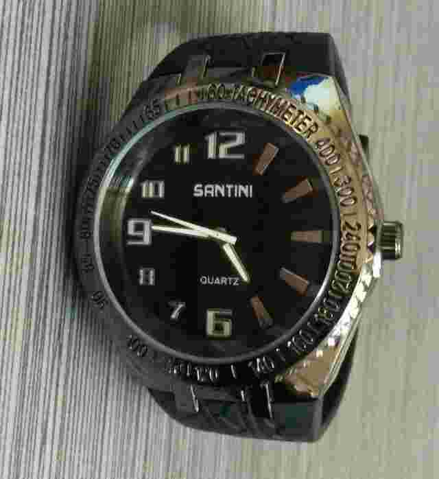Santini Men's Quartz Wristwatch Round Black Dial on Black Rubber Strap Band New