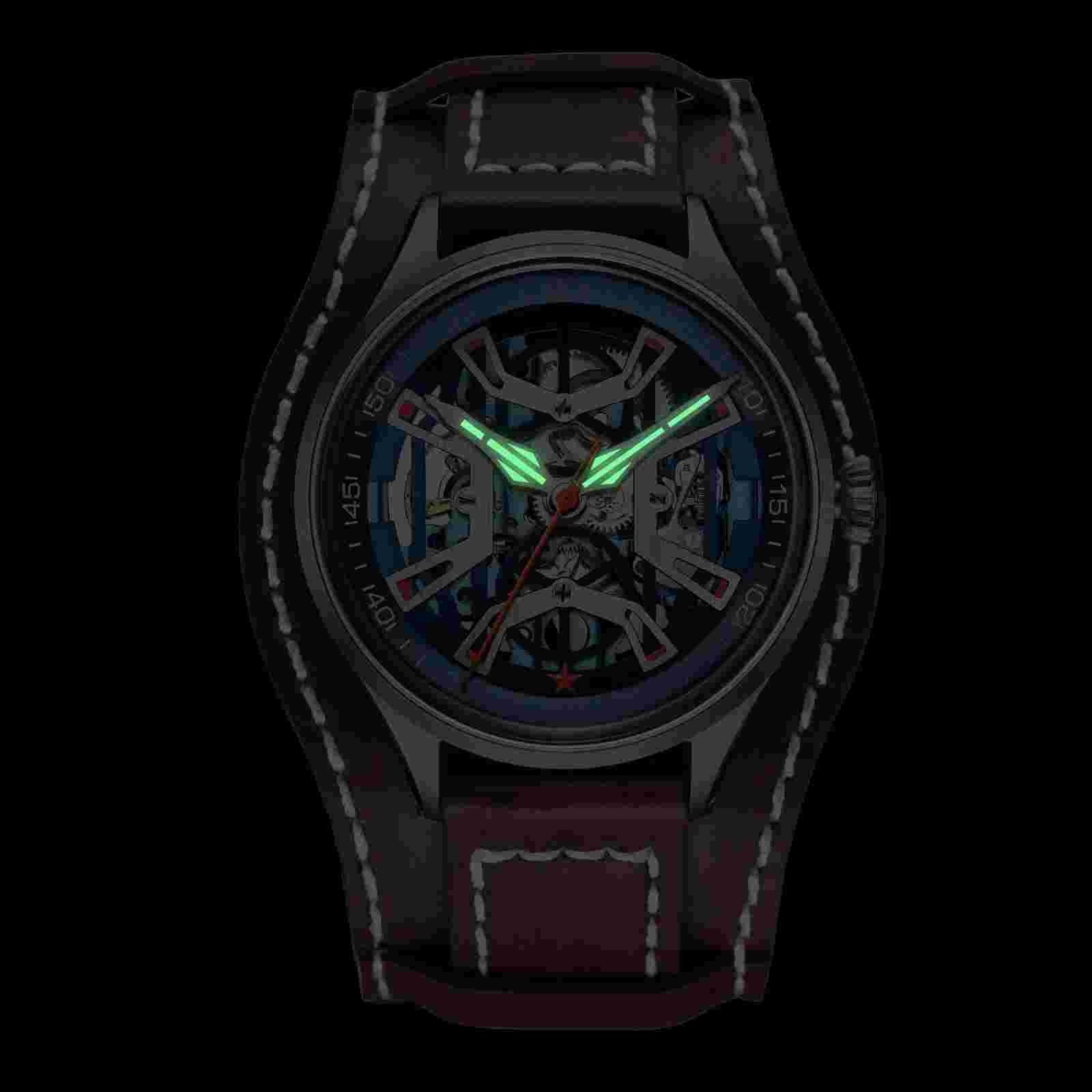 RED STAR ILLUSION Skeleton Dial SEAGULL ST17 Automatic Watch 50M 44.5mm C3 316L