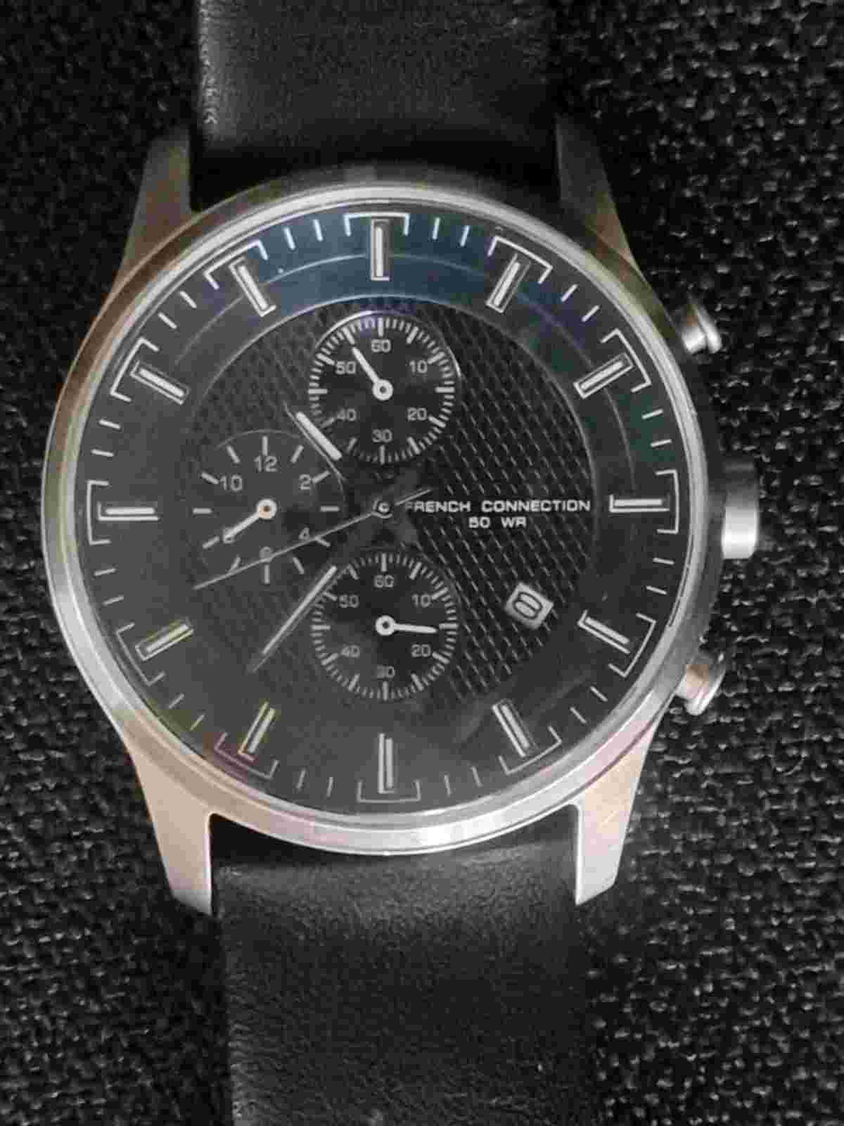 FRENCH CONNECTION CHRONOGRAPH WATCH SAMPLE BLACK AND CHROME DIAL LEATHER STRAP