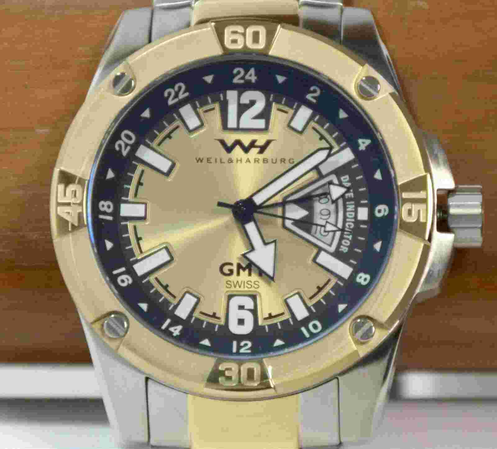 NEW Weil & Harburg 14084 Men's GMT Gold Dial Two Tone Silver Bracelet Watch