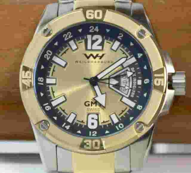 NEW Weil & Harburg 14084 Men's GMT Gold Dial Two Tone Silver Bracelet Watch