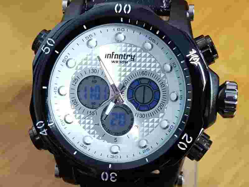 Mens Black Infantry XXL Military Diver Style Dual Combi Alarm Chrono Watch