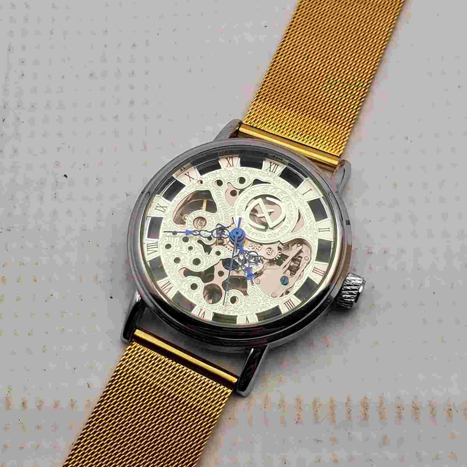 RARE VINTAGE GOER  HOLLOW SKELETON MANUAL HANDWIND SILVER FACE WRISTWATCH