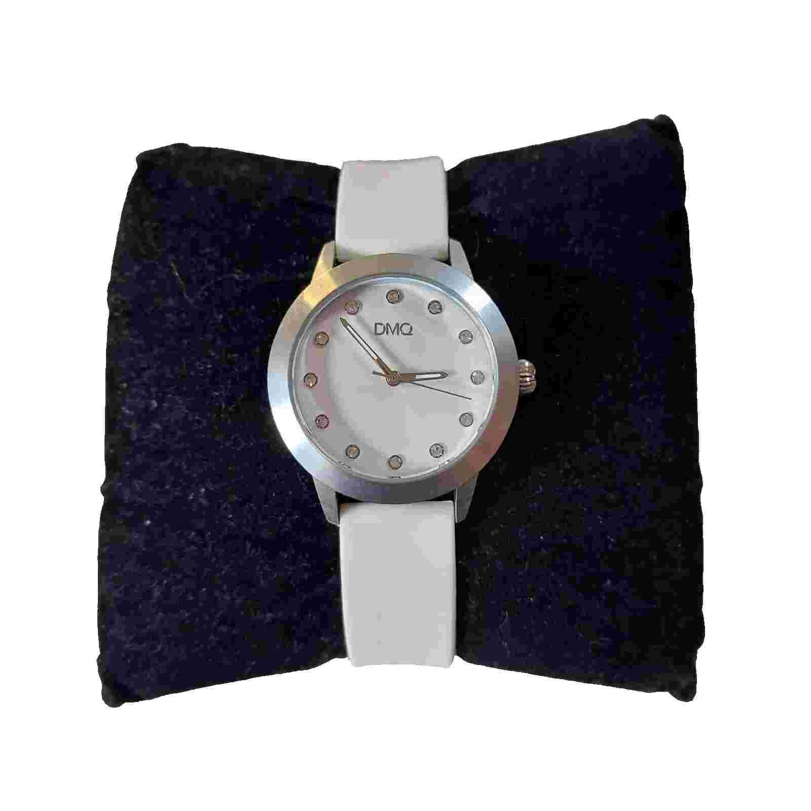 QVC Diamonique Ladies Watch Cubic Zirconia White Silicone Strap Silver Tone DMQ