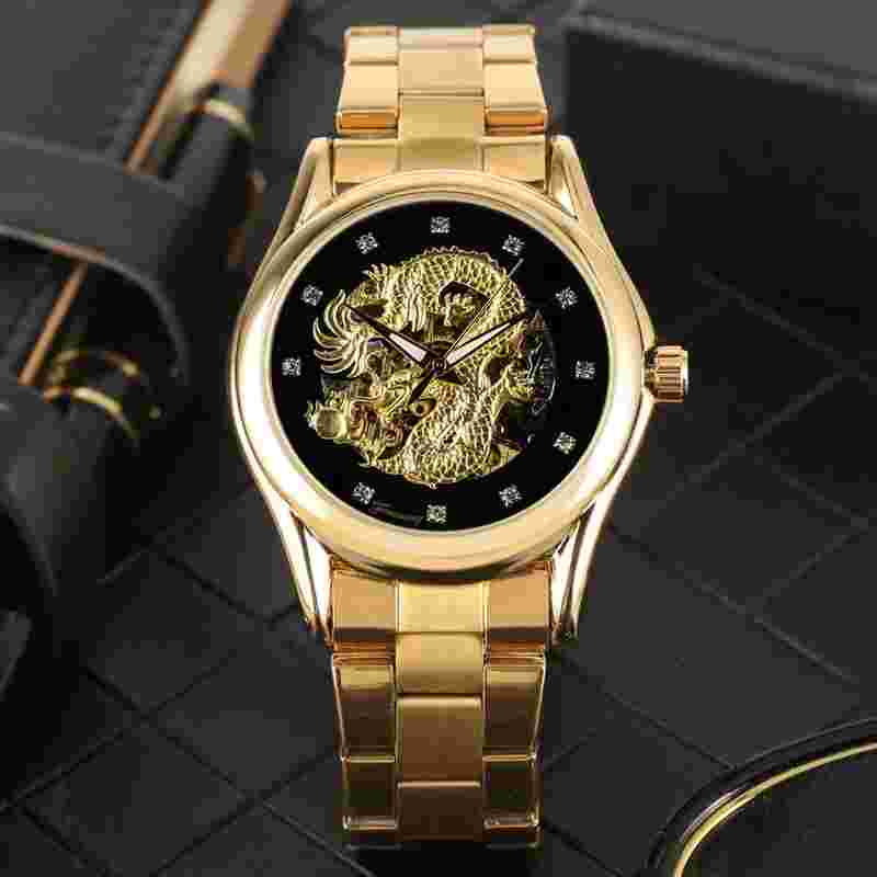 FORSINING Gold Skeleton Wristwatch Stainless Steel Automatic Watches Luxury