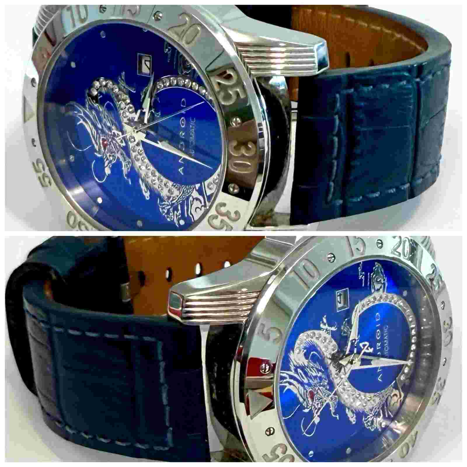 48mm Auto FLYING DRAGON with Crystals | Blue Dial | Navy Band ANDROID Mens Watch
