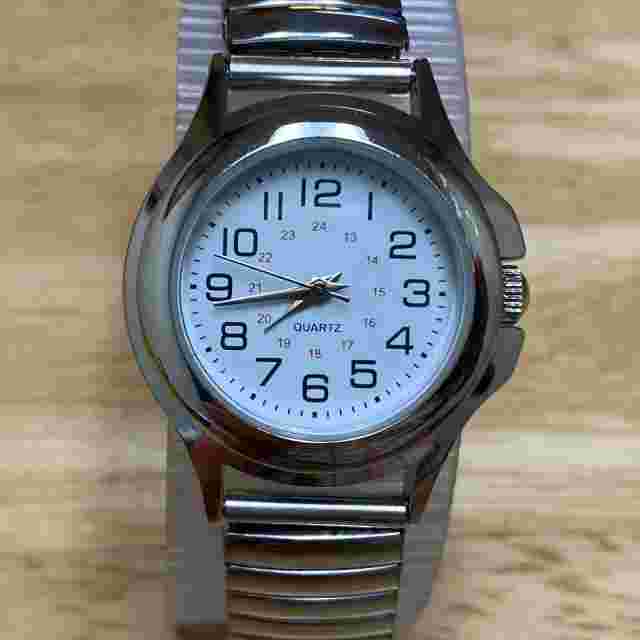 VTG FMD Lady Military Dial Silver White Stretch Analog Quartz Watch~New Battery