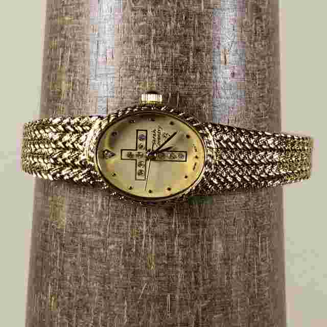 Sarah Coventry Women LSC189 Gold Mesh Band Oval Cross Quartz Analog Watch 7"