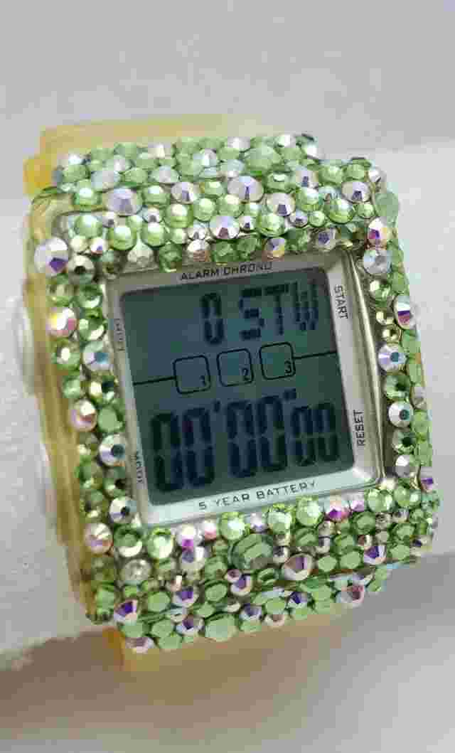 Women's Deporte V-Yeah Green/Yellow Rhinestone Digital Sports Watch -New Battery