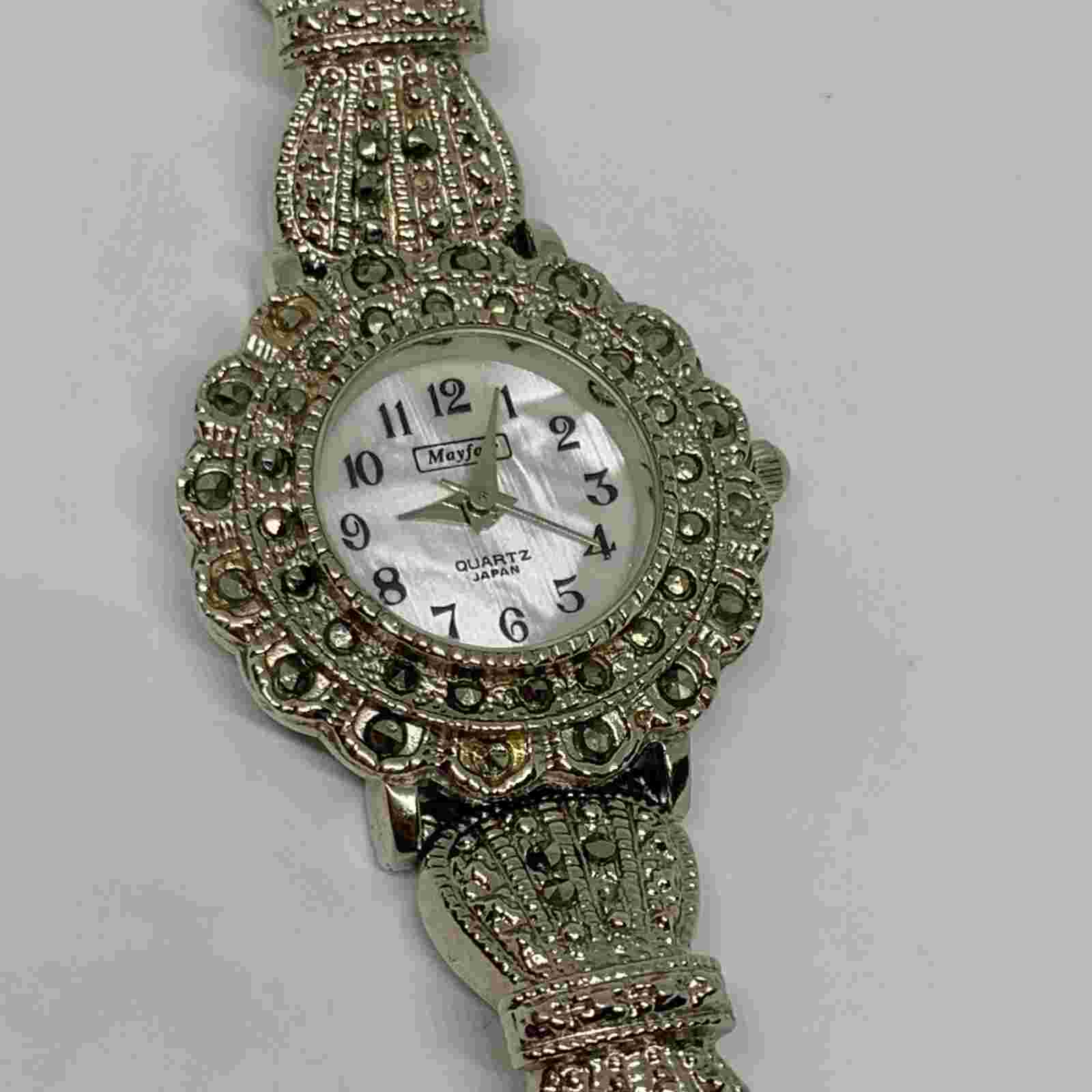 Mayfair vintage Women’s Marcasite Quartz Watch silver tone 26mm size 8” running