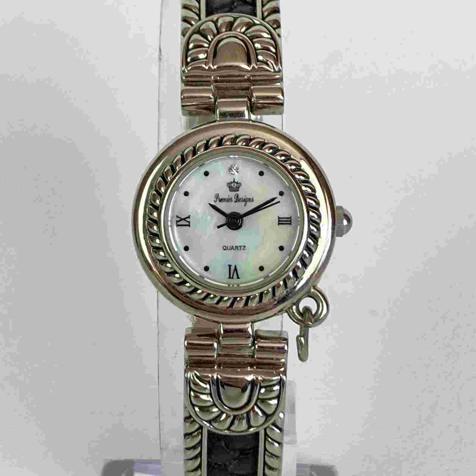 Premier Designs Watch Women Silver Tone Brown Leather MOP Dial New Battery 7.5"