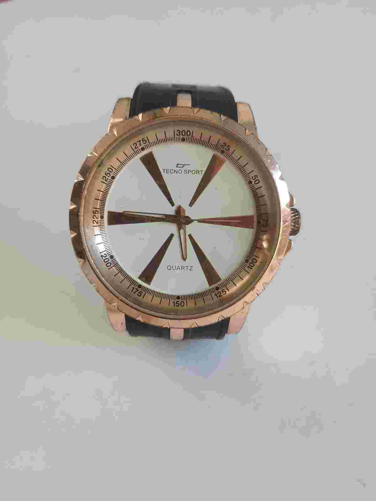 Techno Sport Watch Rose Gold Bezel Black Sport Band Working Condition