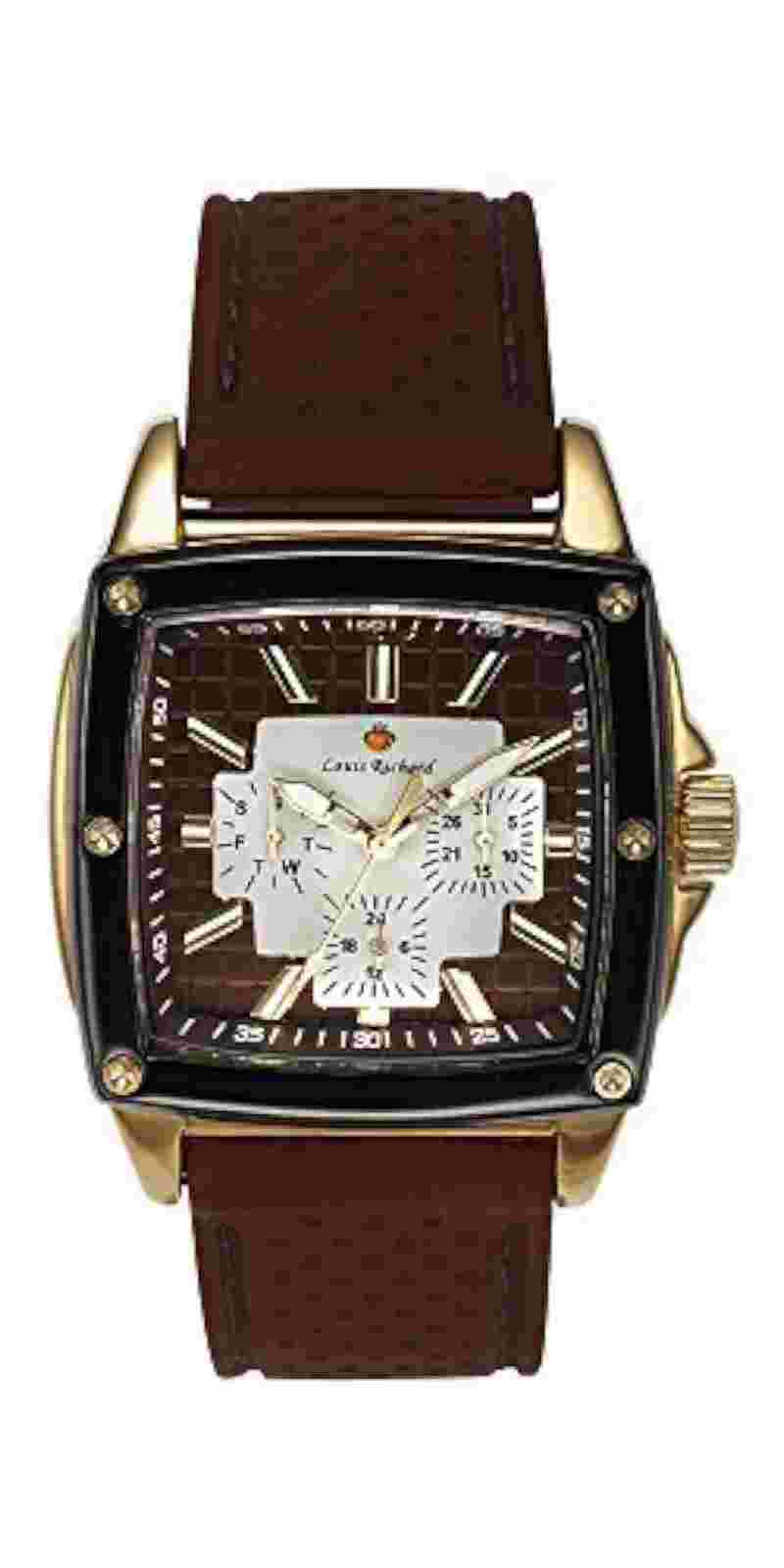 NEW Louis Richard 10104 Men's Aydon Steel Square Case Brown Rubber Fashion Watch